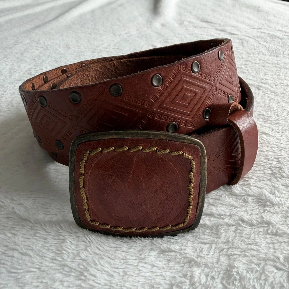 A.Kurtz‎ Full Grain Leather Belt Embossed Trophy Buckle Mens Brown Size 40